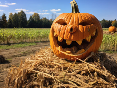 Halloween pumpkin in the field with corn stubble and blue skyの素材