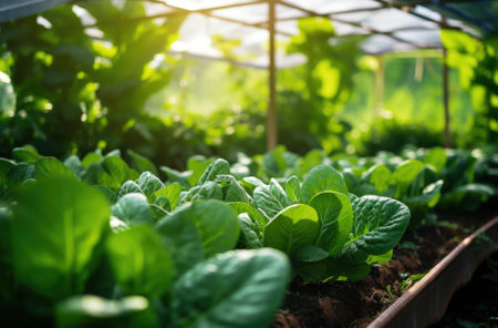 Organic hydroponic vegetable growing in greenhouse farm with sunlight.の素材