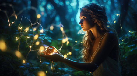 Beautiful young woman in the forest with a magic light on her handの素材