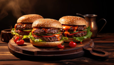 Two cheeseburgers on a wooden cutting board on a dark backgroundの素材