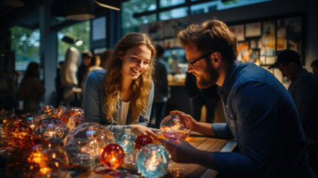 Group of young people making Christmas decorations at a Christmas market in Germanyの素材