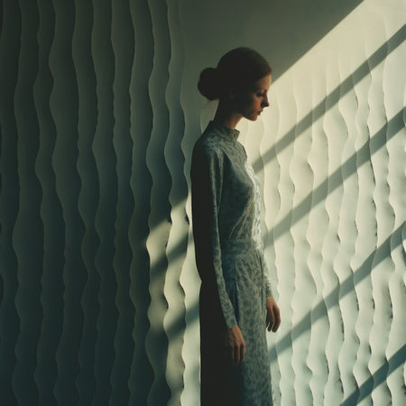 Beautiful young woman in a long dress standing near the window.の素材