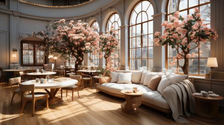 3d rendering interior of a luxury restaurant with a large window.の素材