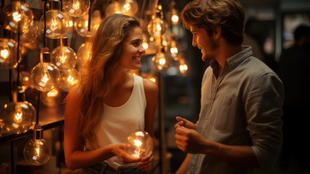 Young couple in love holding a light bulb in their hands and smiling.の素材
