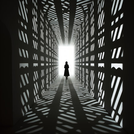 Silhouette of a woman in a dark corridor with light coming from the endの素材