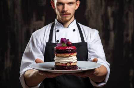 Portrait of a young male chef holding a piece of cake.の素材