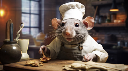 Funny rat in chef's hat with cookies in the kitchen.の素材