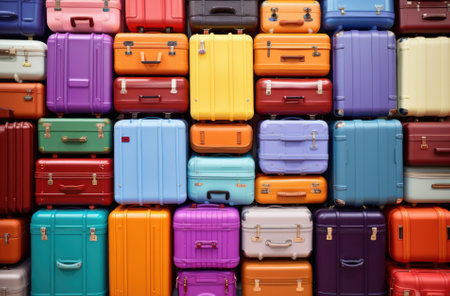 Many multicolored travel suitcases stacked in a row as a backgroundの素材