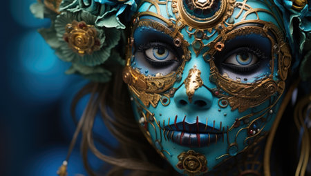 A close up shot of a beautiful woman in a carnival maskの素材