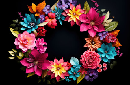 Flower wreath with colorful flowers on black background. Flat lay, top view.の素材