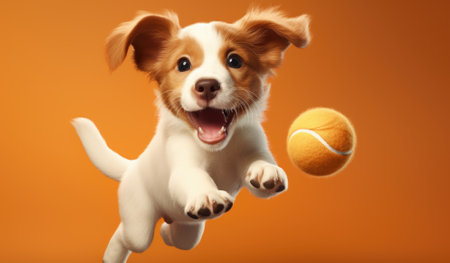 Funny puppy playing with a tennis ball on an orange background.の素材