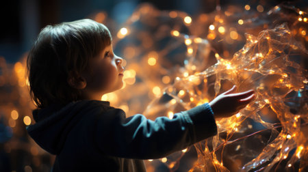 Cute little boy playing with christmas lights at home. Merry Christmas and Happy New Year!の素材