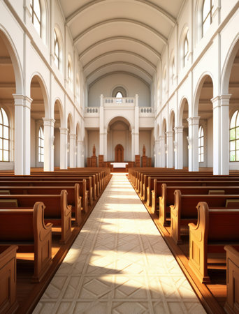 3D render of the interior of a catholic church with wooden seatsの素材