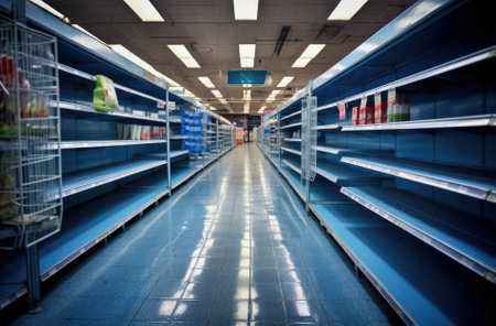 Supermarket aisle with rows of empty shelves, shallow depth of fieldの素材