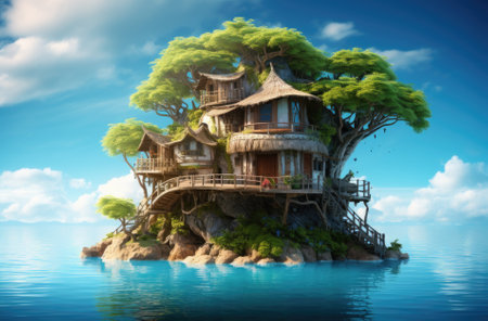 Tropical island with a house on the water. 3d renderの素材
