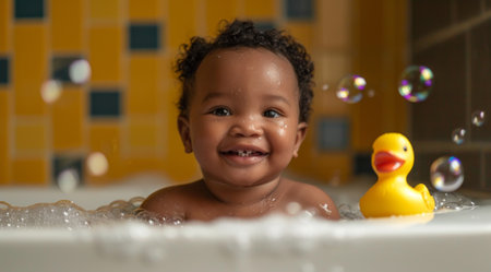 Happy african american baby taking bath with foam and yellow duckの素材