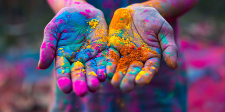 Holi festival - Colorful holi powder in the hands of Indian peopleの素材