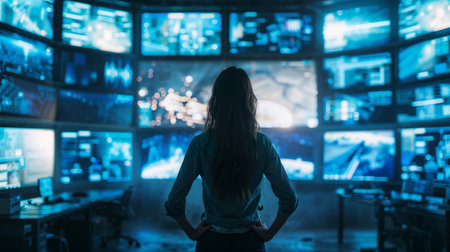 Rear view of female security guard looking at CCTV cameras in surveillance roomの素材