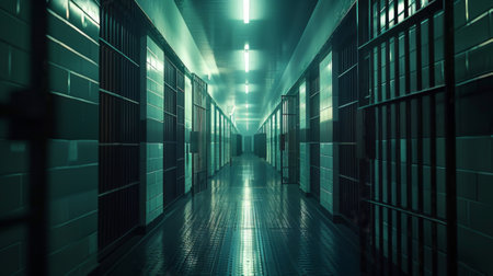Interior of a prison corridor with rows of cells. 3D renderingの素材