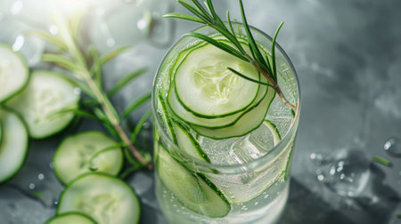 Detox water with cucumber, rosemary and ice in glassの素材