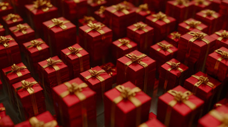 Many red gift boxes with golden ribbons on a dark background.の素材