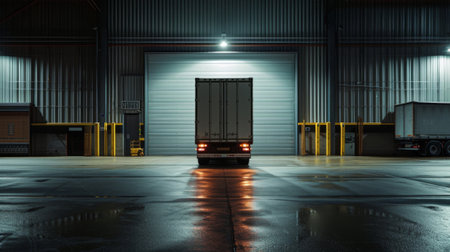 Truck in warehouse at night. Cargo transportation and logistics concept.の素材