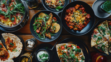 Top view of many different dishes on a wooden table in a restaurantの素材