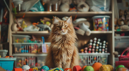 Cute red maine coon cat sitting in the toy storeの素材