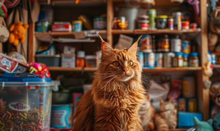 Cute ginger cat sitting on the shelf and looking at the cameraの素材