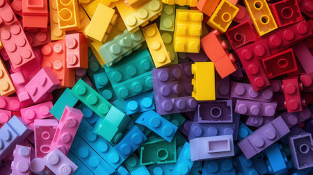 Plastic building blocks background. Top view of colorful toy blocks.の素材