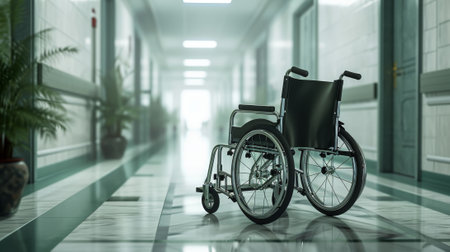 Empty wheelchair in the hospital corridor. 3d rendering, 3d illustration.の素材