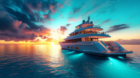 luxury yacht in the sea at sunset, 3d render illustrationの素材