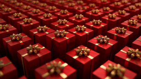 Many red gift boxes with golden bows. 3d render illustration.の素材