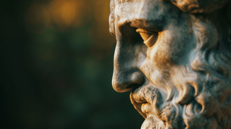 Close up of an old marble statue in a cemetery at sunset.の素材