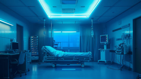 3d rendering of a hospital room with a bed in the foregroundの素材