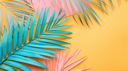 Tropical palm leaves on color background, flat lay. Space for textの素材