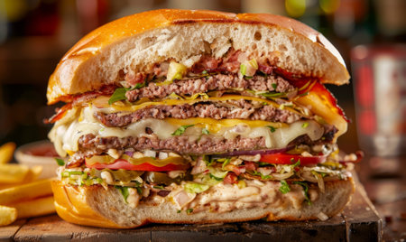 Cheese burger - American cheese burger with Golden French fries and fresh vegetablesの素材