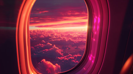 View from the airplane window on the clouds at sunset. 3d renderの素材