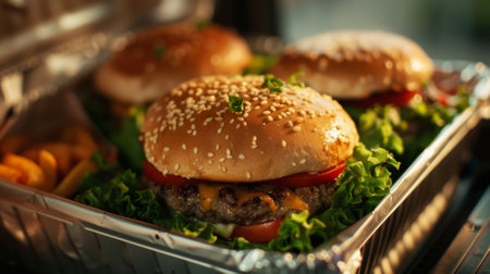 Delicious hamburgers in foil box on table, closeupの素材