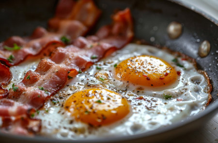 Fried eggs with bacon in a frying pan. Selective focus.の素材