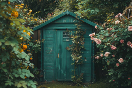 Green wooden door in a garden with roses in the background - vintage filterの素材