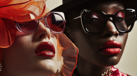 Close-up portrait of two beautiful women in retro style. Fashion shot.の素材