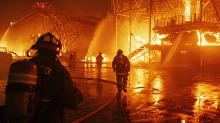 Firemen fighting a fire in a burning building in the city.の素材