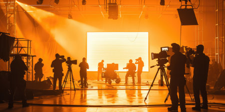 Cameras and camera on the stage in the light of the projectorの素材