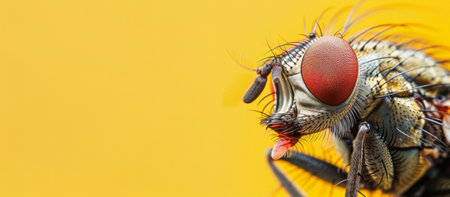 Close up of a fly on a yellow background with copy space.の素材