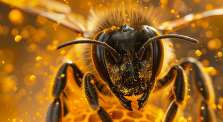 Macro shot of a bee with yellow pollen. 3d renderingの素材