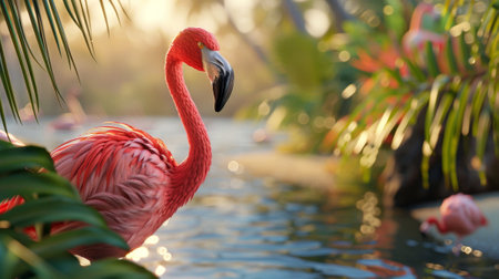 Pink flamingo on the background of palm trees and a pond.の素材