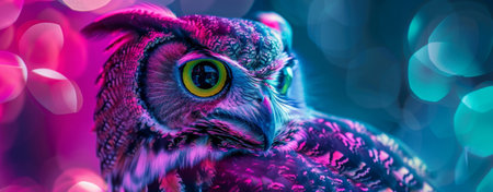 Beautiful owl with colorful bokeh background, 3d illustrationの素材