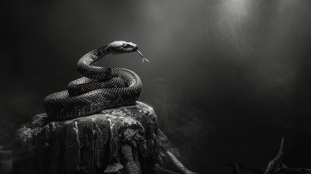 Black and white image of a snake on a tree stump in the darkの素材