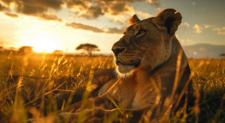 Lion lying in the grass at sunset in Serengeti National Park, Tanzaniaの素材